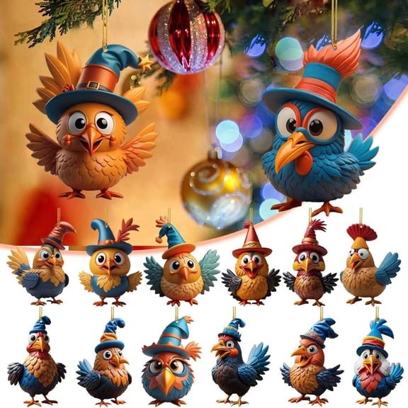 CoreLiving Fun Chicken Ornament Set, Festive Christmas Chicken & Rooster Decor, Cute 2D Flat Designs for Holiday Tree Trimming & Home Party Decoration