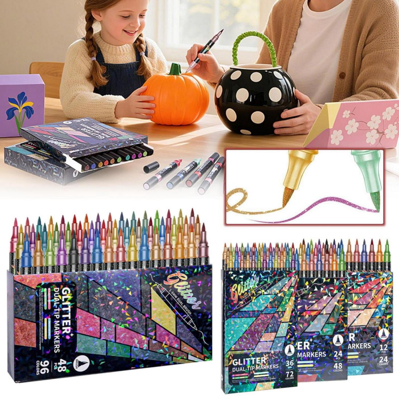 CoreLiving Glitter Effect Brush Markers Pens, 24 Colors Dual Tip Sparkle Markers Set of 12 for Adult Coloring Books, Card Making, DIY Crafts, Art Supplies for Drawing, Doodle & Scrapbooking