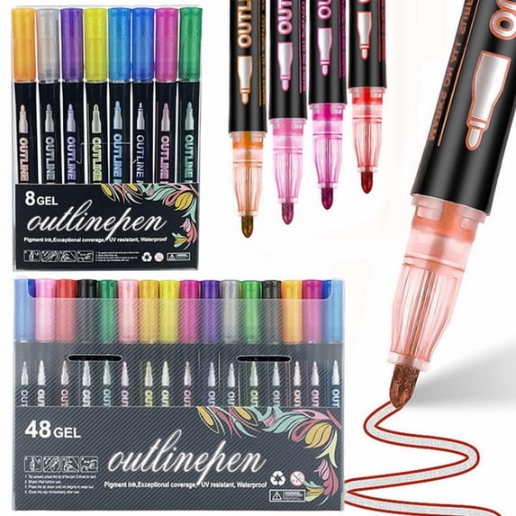 CoreLiving Glitter Pens Set, 48 Count Dual-Line Contour Markers with Metallic Self-Outline Ink for Creative Drawing, Doodle Art, Party Decorations, and DIY Craft Projects