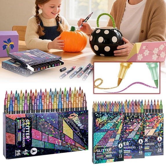CoreLiving Glitter Pens Set, 72 Colors Metallic Markers with Dual Brush and Fine Tip for Bullet Journal, Writing, Doodle, Outline Drawing, Scrapbooking Supplies, Creative Art & Craft Projects