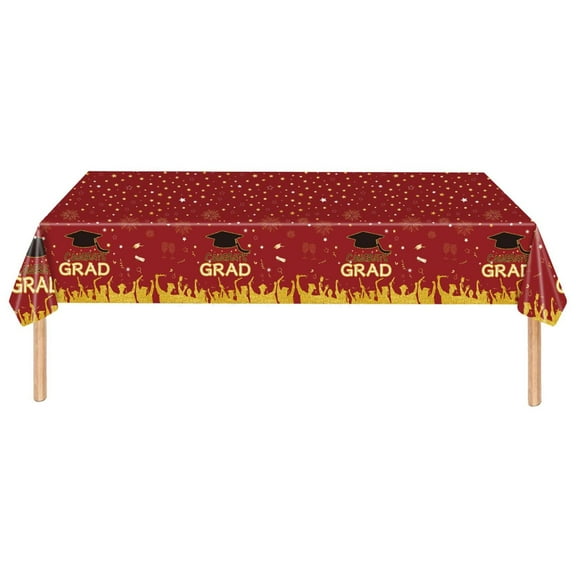 CoreLiving Grad Party Tablecloth Disposable Plastic Rectangle Table Cover in Red Gold 54in x 108in Graduation Decorations