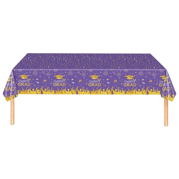 CoreLiving Graduation Season Tablecloth Disposable Plastic Rectangle Table Cover Purple and Gold 54in x 108in Party Decorations Supplies