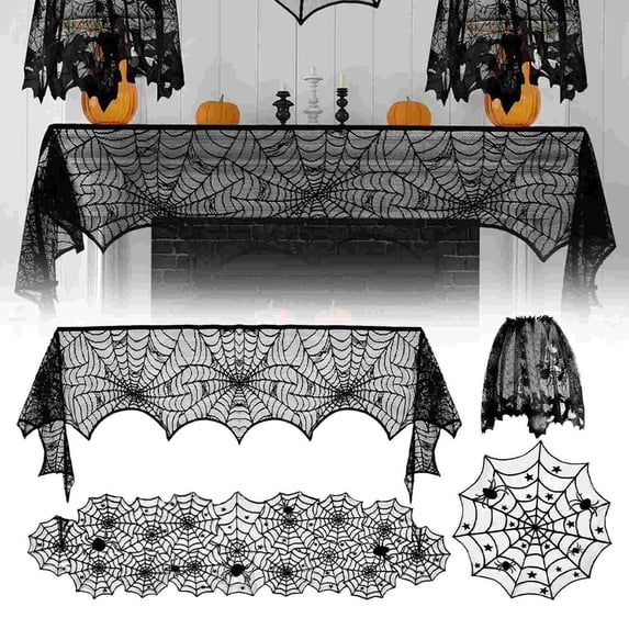 CoreLiving Halloween Decorations Black Lace Spider Web Table Runner Gothic Halloween Decor Lace Runner Cover for Fireplace Mantel and Dining Table