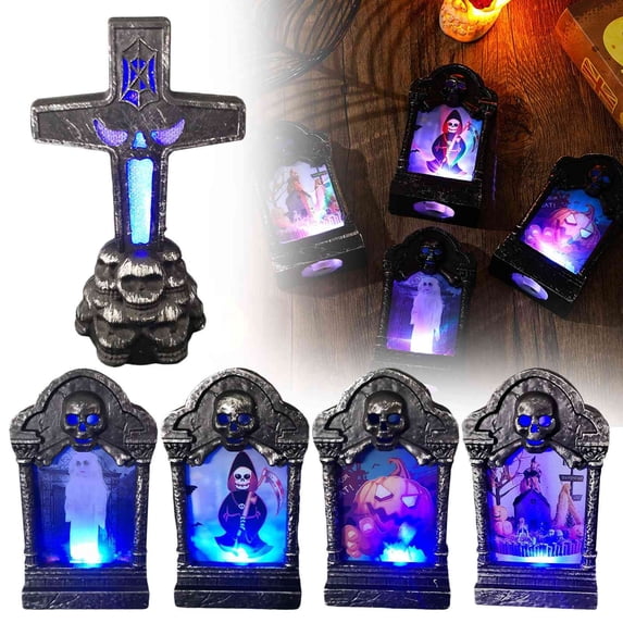 CoreLiving Halloween Tombstone Light Glowing Graveyard Decor for Halloween Decorations Indoor Home Fireplace Mantel Spooky Tabletop Centerpiece Display
