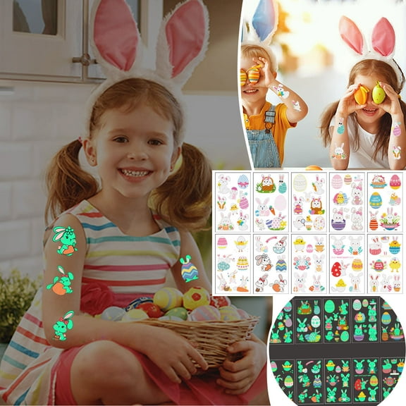 CoreLiving Happy Easter Temporary Tattoos for Kids Boys Girls, Funny Bunny Rabbit Egg Designs, Fake Tattoo Sticker Party Favor Supplies, Easter Basket Fillers Goodie Bag Stuffers, 10 Sheets