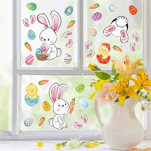 CoreLiving Happy Easter Window Clings Oil Painting Bunny Eggs Design Spring Decorations for Glass Windows Home Office Gift Supplies Holiday Party Favors