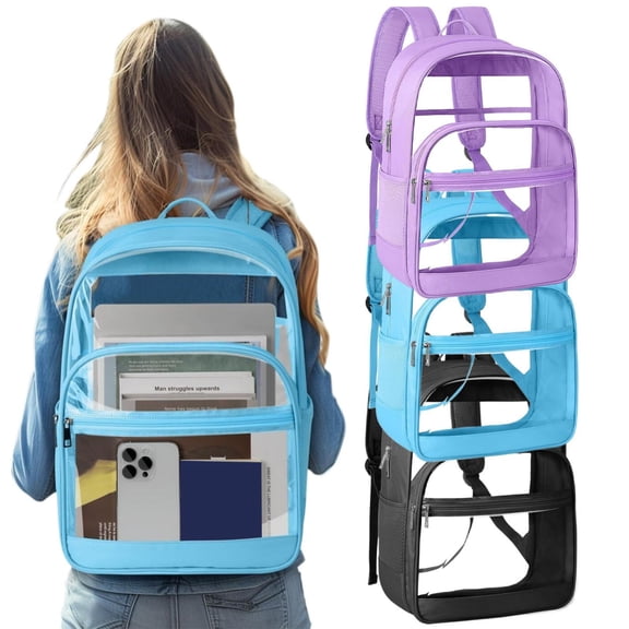 CoreLiving Heavy Duty Clear Backpack for Stadium Events, Travel & Work, See Through PVC & Fabric Transparent Bookbag with Reinforced Straps, Black, Large Capacity