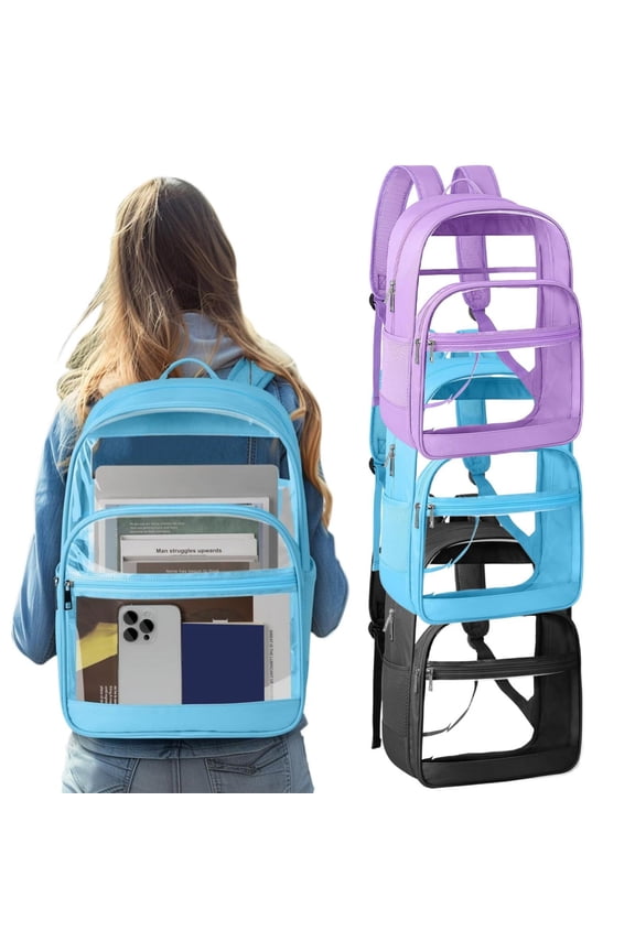 Heavy Duty Clear Backpack for Stadium Events, Travel & Work, See Through PVC & Fabric Transparent Bookbag with Reinforced Straps, Black, Large Capacity