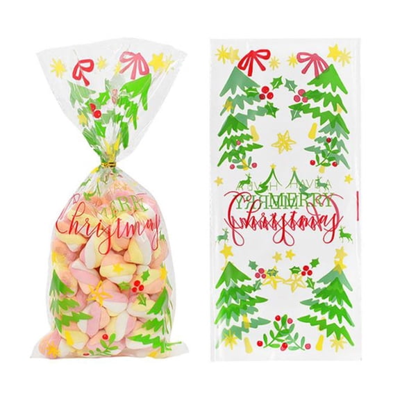 CoreLiving Holiday Treat Bags, 50-Pack 5x10 Inch Christmas Cellophane Gift Bags for Cookies & Candies, with Twist Ties for Party Favors and Family Gatherings