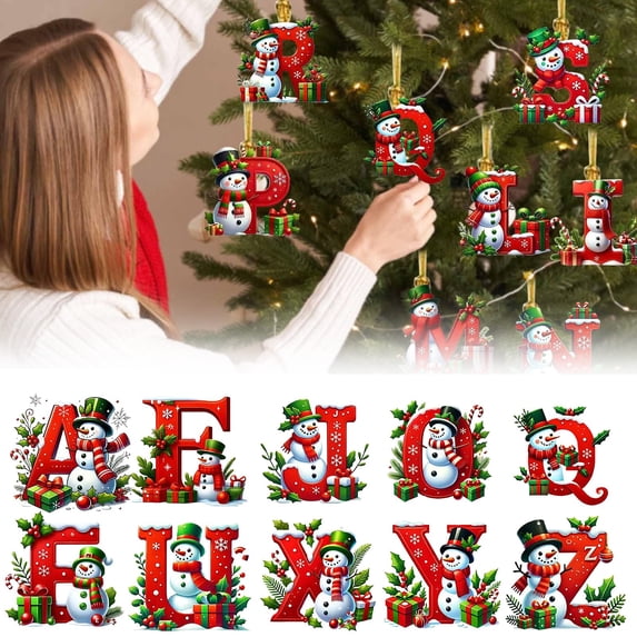 CoreLiving Initial Ornaments for Christmas Tree, Monogram Christmas Ornaments Alphabet Pendant with Green Hat, 26 Letters Bookshelf DIY Hanging Decorations Party Gifts