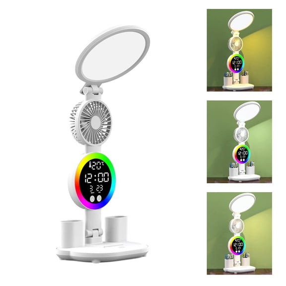 CoreLiving LED Desk Lamp with Fan and USB Charging Port, Eye-Caring Table Lamp with Integrated Clock and Pen Holder, Multifunctional Desk Light for Office, 1 Pack