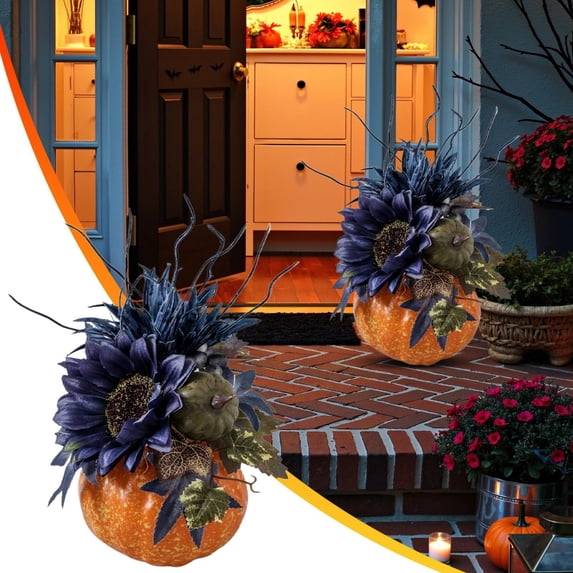 CoreLiving Large 9.8 Inch Decorative Artificial Pumpkins, Fake Fall Harvest Centerpiece for Thanksgiving Tables, Home Decor with Sunflower Maple Leaf Berries