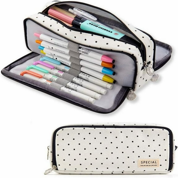 CoreLiving Large Pencil Case Big Capacity Pencil Pouch with 3 Compartments Canvas Pen Bag Marker Pen Bag Pencil Case for Women Black Polka Dot