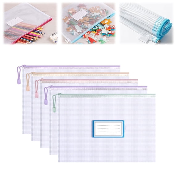 CoreLiving Large Plastic Mesh Zipper Pouch with Label Pocket, A4 Size Clear Storage Bags for Board Game and Puzzle Storage, Multi-Purpose Organizer Pouch for Toys and Craft Supplies, 5 Pack
