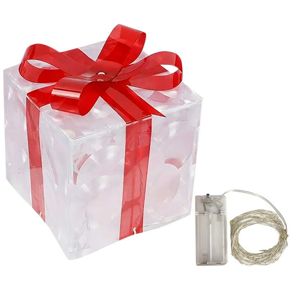 CoreLiving Light Up Presents Outdoor Christmas Gift Box Decorations, Pre-lit LED Wrapped Gift Boxes, White Lace Fake Present Boxes with Red Bows for Home, Party, Indoor and Lawn Decor