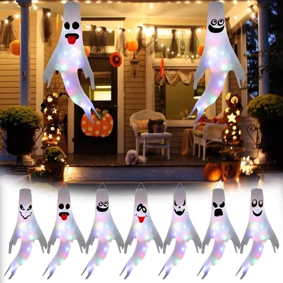 CoreLiving Lighted Hanging Ghost Windsock, Halloween Outdoor Decor for Yard, Porch, Trees, Glowing Spirit for Spooky Night Ambience, Durable, 1 Pack