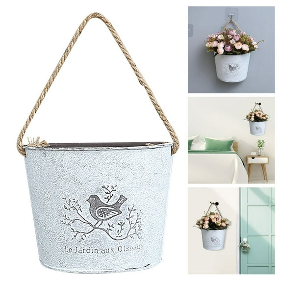 CoreLiving Metal Planter Wall Mounted Vintage Rustic White Galvanized Half Bucket with Handle for Flowers Indoor Outdoor Farmhouse Garden Decor, Set of 1
