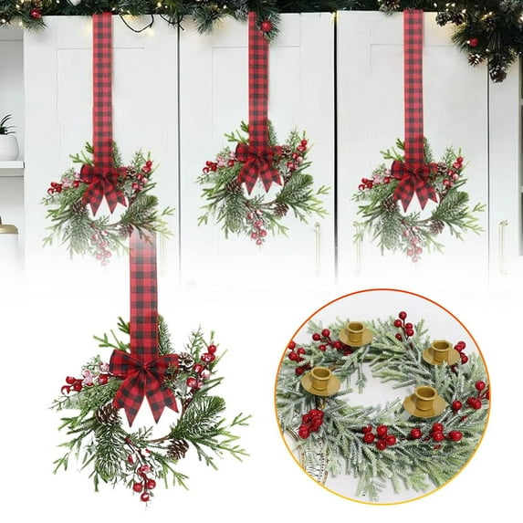 CoreLiving Mini Christmas Kitchen Cabinet Wreath with Norfolk Pine, Berries, Snowy Garland, Red Ribbon for Xmas Table Centerpiece & Front Door Decor