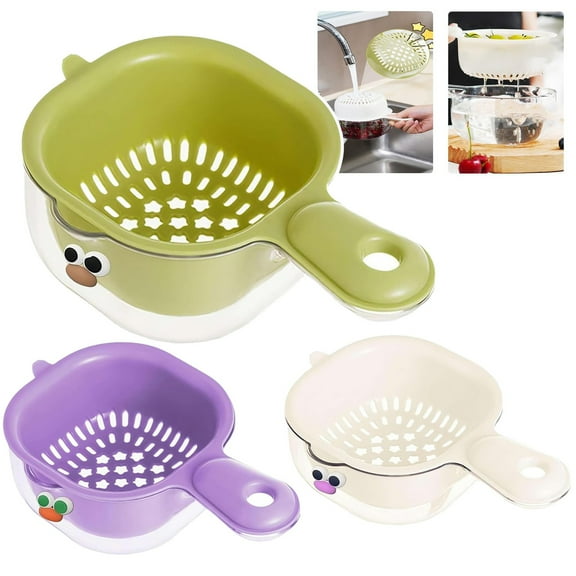 CoreLiving Mini Colander & Kitchen Fruit Basket, Dual-Layer Draining Basket with Handle, Plastic Vegetable Washer Drainer Bowl, Small Berry Tomato Grape Strainer for Kitchen Sink & Countertop Storage
