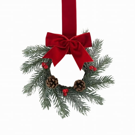 CoreLiving Mini Wreaths, 9 Inch Small Christmas Wreaths for Indoor, Real Touch Evergreen Cabinet Wreaths with Burgundy Bow for Front Door, Window, Home Table and Pillar Xmas Decor