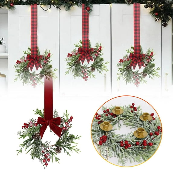 CoreLiving Mini Wreaths for Cabinets, Small Christmas Wreath with Artificial Berries & Snowy Pine Garland, Red Ribbon for Xmas Kitchen Decor