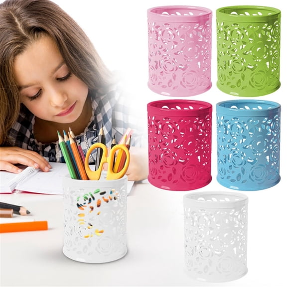 CoreLiving Multipurpose Desk Organizer Pen Holder, Hollow Rose Flower Design Pencil Cup Container, Decorative Holder for Desk Accessories, Office Supplies, and Small Desktop Items