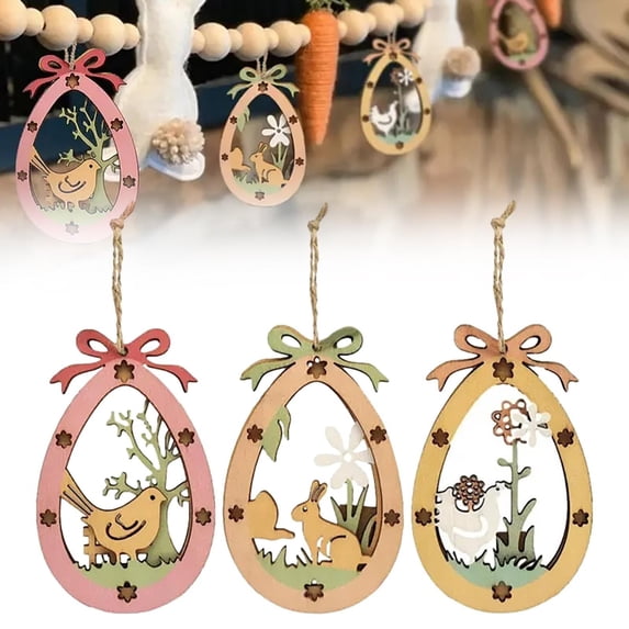 CoreLiving Neutral Rustic Easter Decorations, Wooden Egg Ornaments for Tree with Jute Rope Hanger, Mini Easter Egg Cutouts for Spring Tree, Wreath, Garland, Basket Fillers, Home Dining Decor