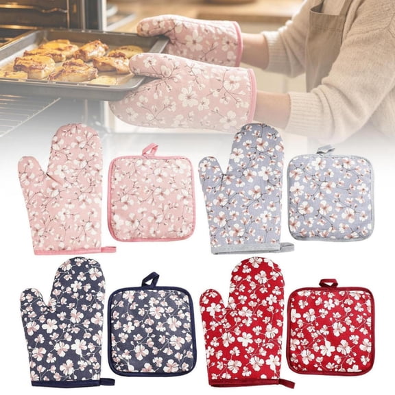 CoreLiving Oven Mitts and Pot Holders Sets, Quilted Cotton Lining Heat Resistant Hot Pads for Kitchen, Retro Flower Farmhouse Boho Spring Kitchen Decor