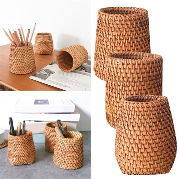 CoreLiving Pen Holder for Desk Cute Aesthetic Rattan Pencil Cup Organizer Boho Office Decor Desk Accessories for Women Pen Organizer Pencil Holders