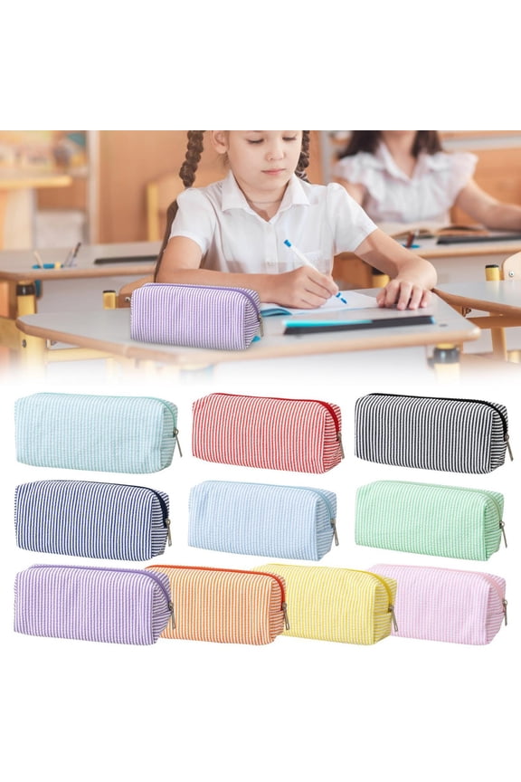Pencil Case Pouch Large Seersucker Fabric Embroidery Storage Bag Zippered Closure for Desk Accessories Travel Cosmetic Organizer Striped