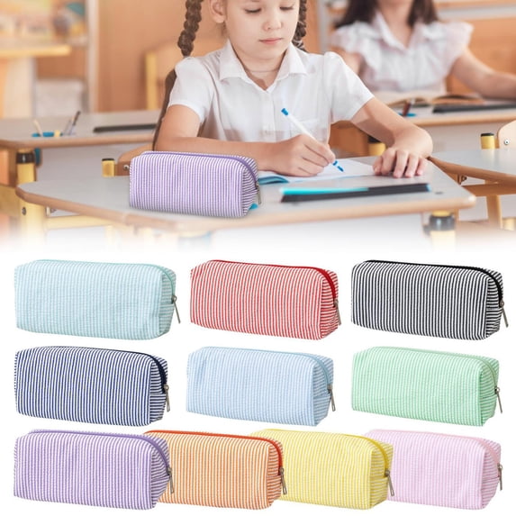 CoreLiving Pencil Pouch Cute Large Seersucker Bag Embroidery Striped Design Zipper Closure for Desktop Organization Multipurpose Pen Case Makeup Blue White