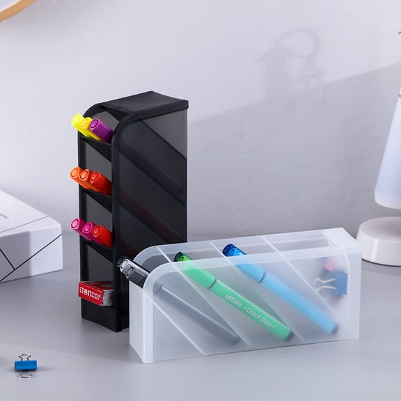 CoreLiving Plastic Angled Pen and Makeup Brush Holder, Multi-Compartment Tiered Organizer for Desk or Vanity Countertop, Stationery and Cosmetic Storage Rack, 4 Compartments, Whiite