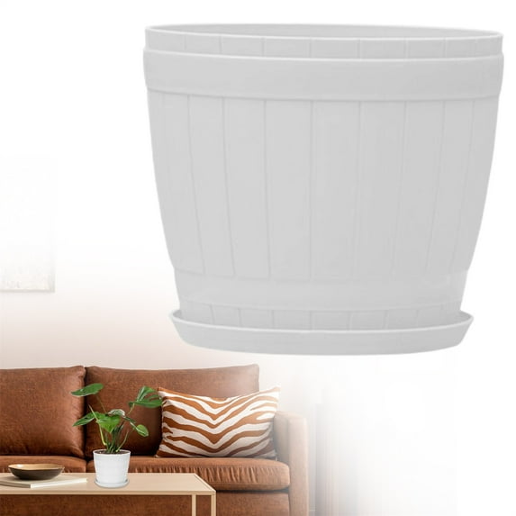 CoreLiving Plastic Plant Pots Indoor Outdoor with Drainage - Rustic Whiskey Barrel Planters for Porch Flowers Herbs Small Plants, Durable Lightweight Outdoor Planters with Saucer