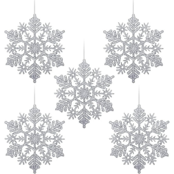 CoreLiving Plastic Snowflake Ornaments - 12 Pcs Silver Glitter Snowflake Decor, Large Winter Wonderland & Ceiling Hanging Decorations for Tree and Holiday Crafts