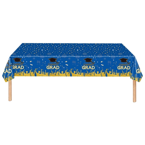CoreLiving Plastic Table Cover for Graduation Parties Disposable Blue and Gold Rectangle Tablecloth 54in x 108in Graduation Season Decorations