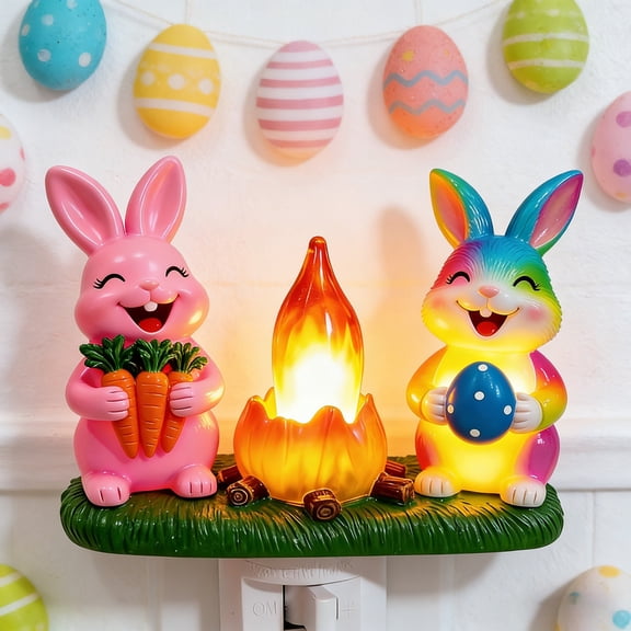 CoreLiving Plug-in Bunny Night Light with Flickering Campfire Effect, Stained Glass Rabbit Lamp for Easter Decor, Cute Decorative Nightlight for Home Wall Outlet