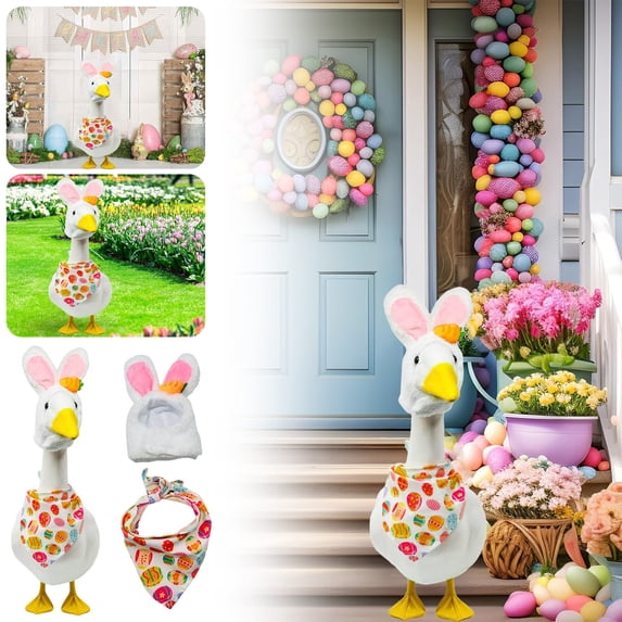 CoreLiving Porch Goose Easter Outfit with Adorable Fuzzy Bunny Ear Headband and Long Knitted Color Block Scarf, Spring Lawn Decor Accessories for 23 Inch Cement Goose Statue