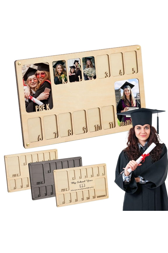 Pre-K to 12 Custom Graduation Photo Frame, Wooden Collage Picture Frame for Wall Display, Holds 13 Photos from Kindergarten to Senior Year, 17x10 Inch, Rustic Gift for Graduate