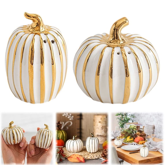 CoreLiving Pumpkin Shape Ceramic Seasoning Jar for Kitchen Decor, Gold and White Fall Salt and Pepper Shakers for Halloween Kitchen Accessories and Tabletop Display