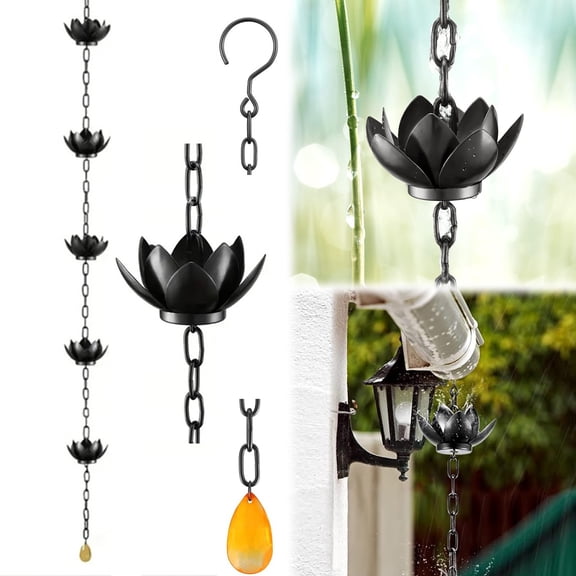 CoreLiving Rain Chain with Adapter, 3.9ft Adjustable Lotus Rain Catcher Chain for Gutters Outside Downspout, Divert Water and Home Display, Black Powder Coated