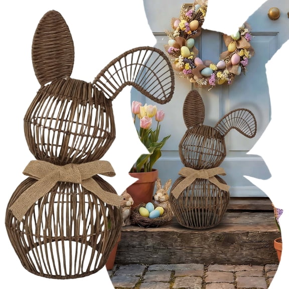 CoreLiving Rattan Bunny with Bow Easter Decor 12-Inch Table Rabbit Figurine Statue for Spring Farmhouse Home Decor Wicker Bunnies Rustic Decoration Indoor
