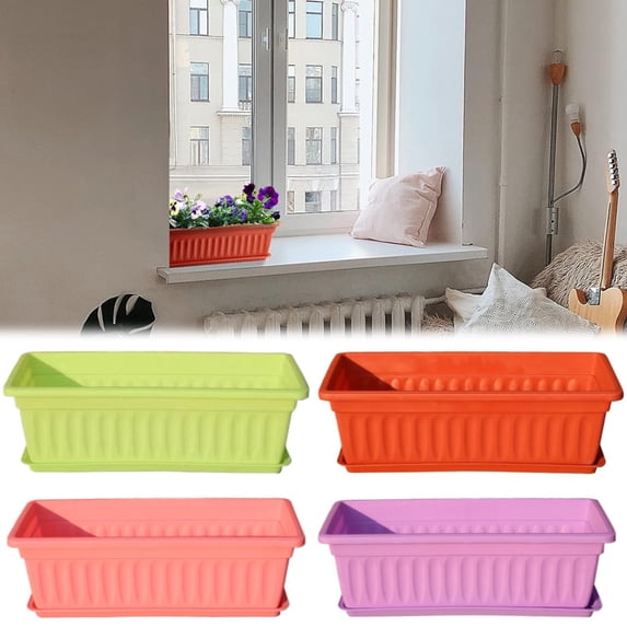 CoreLiving Rectangular Planter Plastic Flower Box 17.3x7.48 Inch with Tray for Indoor Outdoor Plants Vegetables on Garden Balcony Windowsill House DIY Green