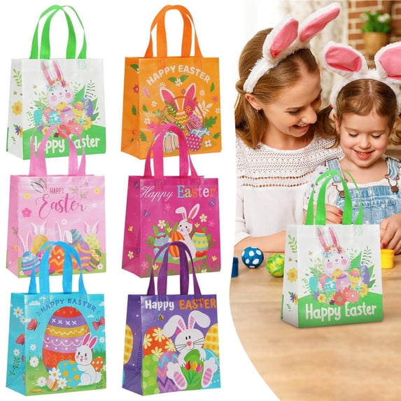 CoreLiving Reusable Easter Bags with Handles Bulk Non-Woven Bunny Rabbit Design Gift Tote for Candy Treats Goodie Bags Egg Hunt Activity Favors 1 Pack