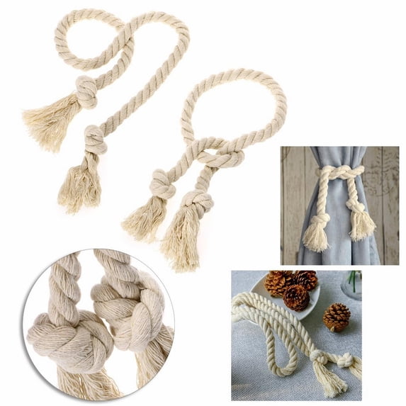 CoreLiving Rope Curtain Tiebacks, Natural Cotton Handmade Boho Curtain Holdbacks, Decorative Fabric Tie Backs for Drapes, Rural Farmhouse Style, 2 Pcs