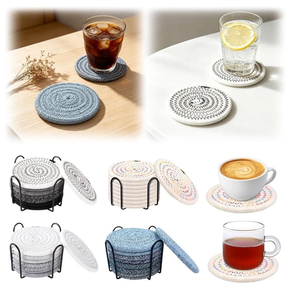 CoreLiving Round Woven Placemats, Heat Resistant Braided Cotton Rope Table Mats for Dining Room Decor, Farmhouse Style Washable Kitchen Pads, 8 Pack