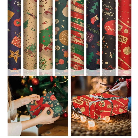 CoreLiving Rustic Kraft Christmas Wrapping Paper with Vintage Winter Houses, Trees, and Red Cars, Eco-Friendly Holiday Gift Wrap for Cozy Presents, 1 Roll