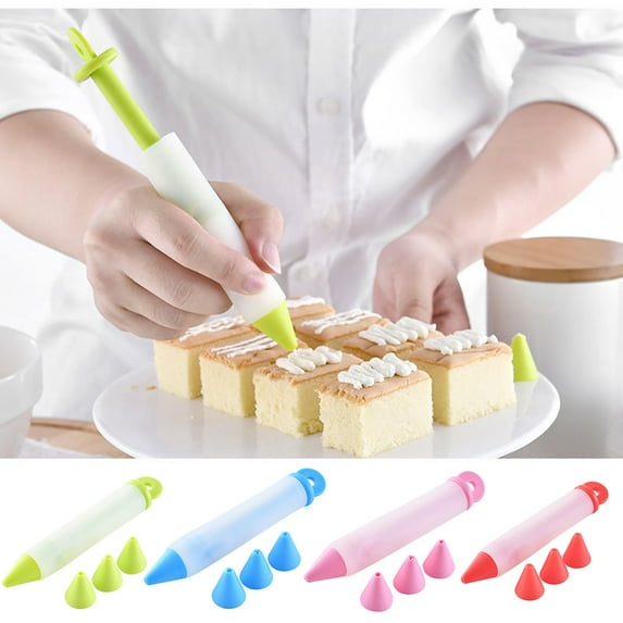 CoreLiving Silicone Food Writing Pen Cake Decorating Tool, Chocolate Cake Decoration Tool with 4 Interchangeable Tips, Icing Piping Pastry Nozzles Set for Cookie Frosting, Baking Kitchen Supplies