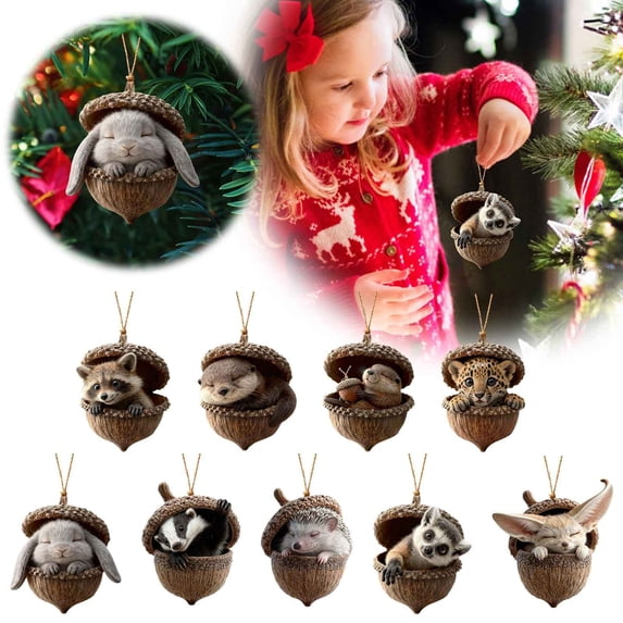 CoreLiving Sleeping Hedgehog in Acorn Ornament, 2D Flat Acrylic Woodland Christmas Tree Hanging Decor, Rustic Forest Animal Pendant for Holiday Party Favors