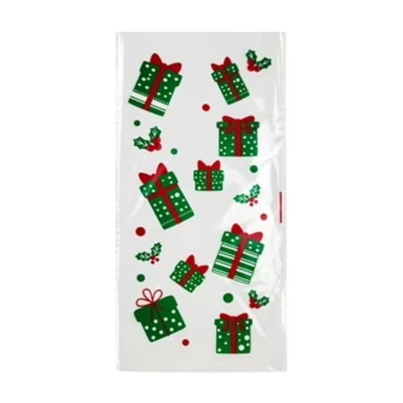 CoreLiving Small Christmas Goodie Bags, Christmas Candy Treat Bags, Clear Christmas Cellophane Cookie Bags with Twist Ties for Holiday Party Favor Supplies, Winter Christmas Gift Bags for Santa