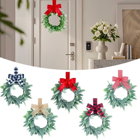 CoreLiving Small Christmas Wreath Artificial Greenery with Red Plaid Ribbon Bow for Kitchen Cabinets Window Front Door Wall Fireplace Indoor Xmas Decoration for Holiday Home